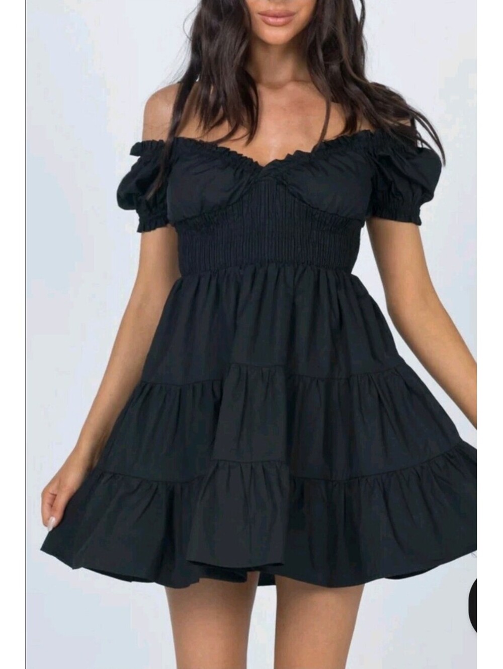 Princess Polly Black Cotton Off-Shoulder Tiered Mini Dress sz 4